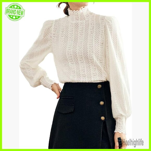 Tops - Victorian Lace Mock Neck Puff Sleeve Blouse Semi Sheer Floral Elegant Top